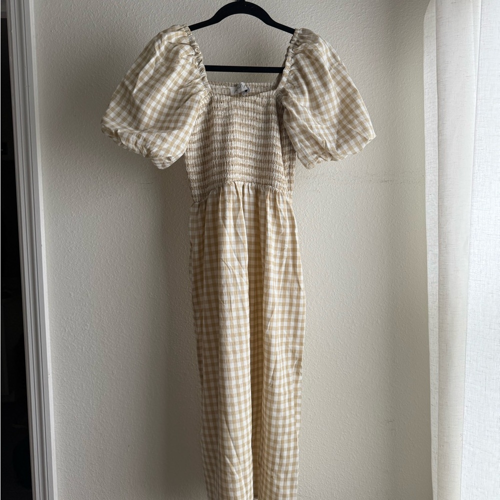Petal & Pup Beige Gingham puffy sleeve Midi Dress - Picture 2 of 6